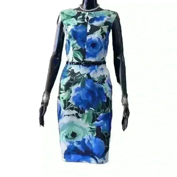 Connected Apparel NWT Blue Multi Floral Keyhole Belted Sheath Dress Size 10P - Picture 1 of 13